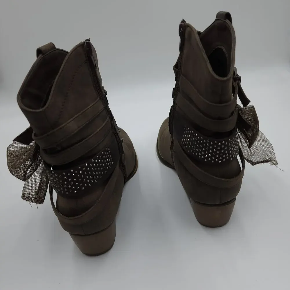 HOT TOMATO RANGER Strappy Embellished Ankle Boots in Brown Size 9.5